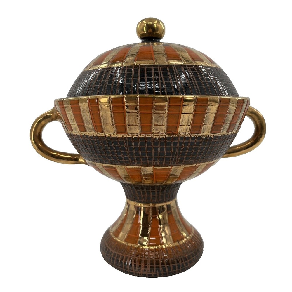 Bitossi Aldo Londi Seta Elbee Raynor 30/162 Covered Dish Orange Gold Ceramic‎